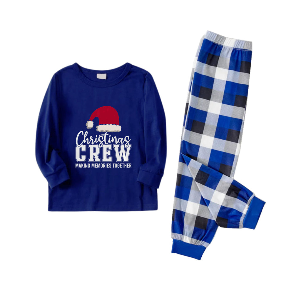 Christmas Family Matching Pajamas-Navy & White Plaid Pjs Set with "Christmas Crew Making Memories Together" and Santa Hat Pattern Print