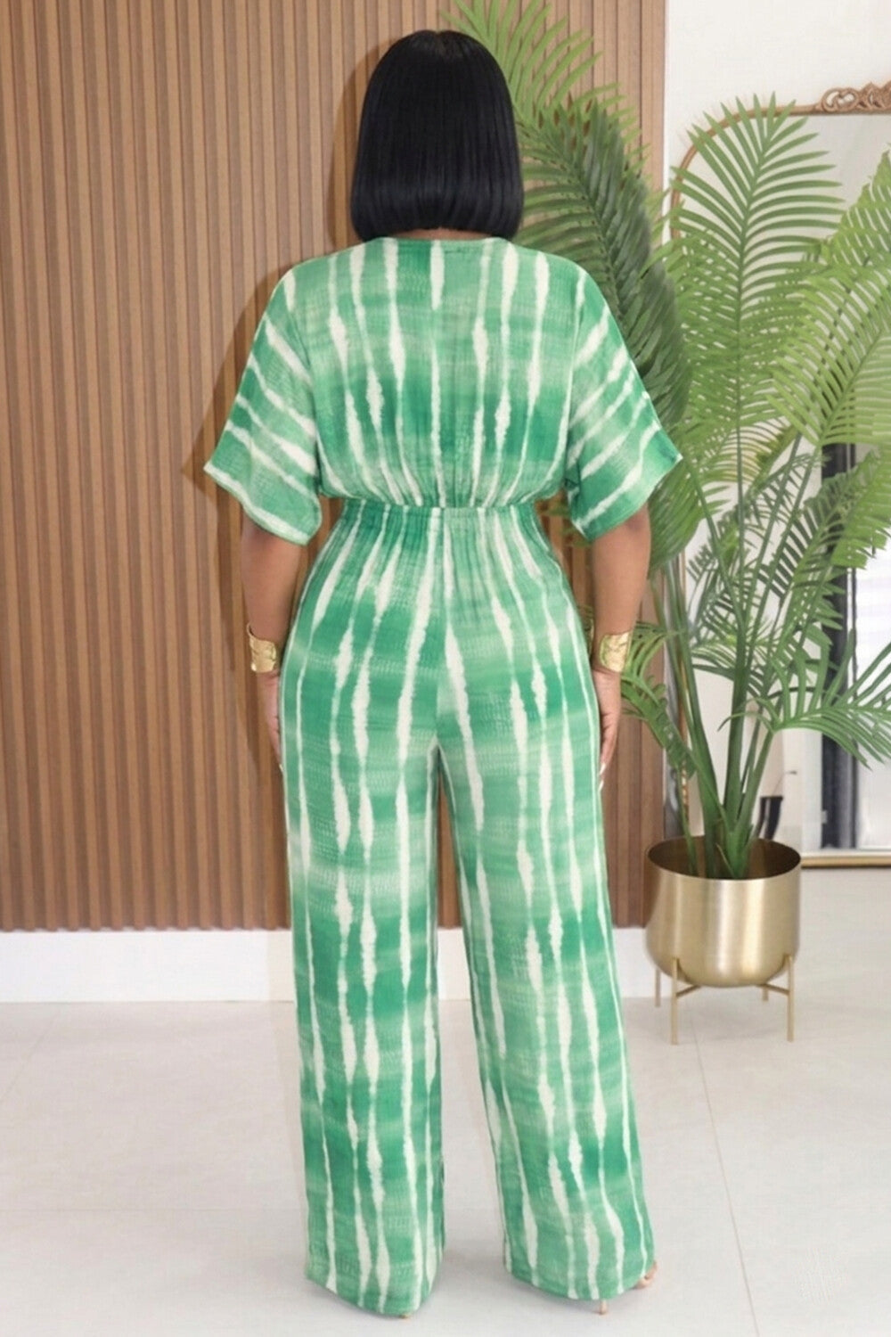 Deep V Neck Short Sleeve Straight Leg Casual Jumpsuit-Green