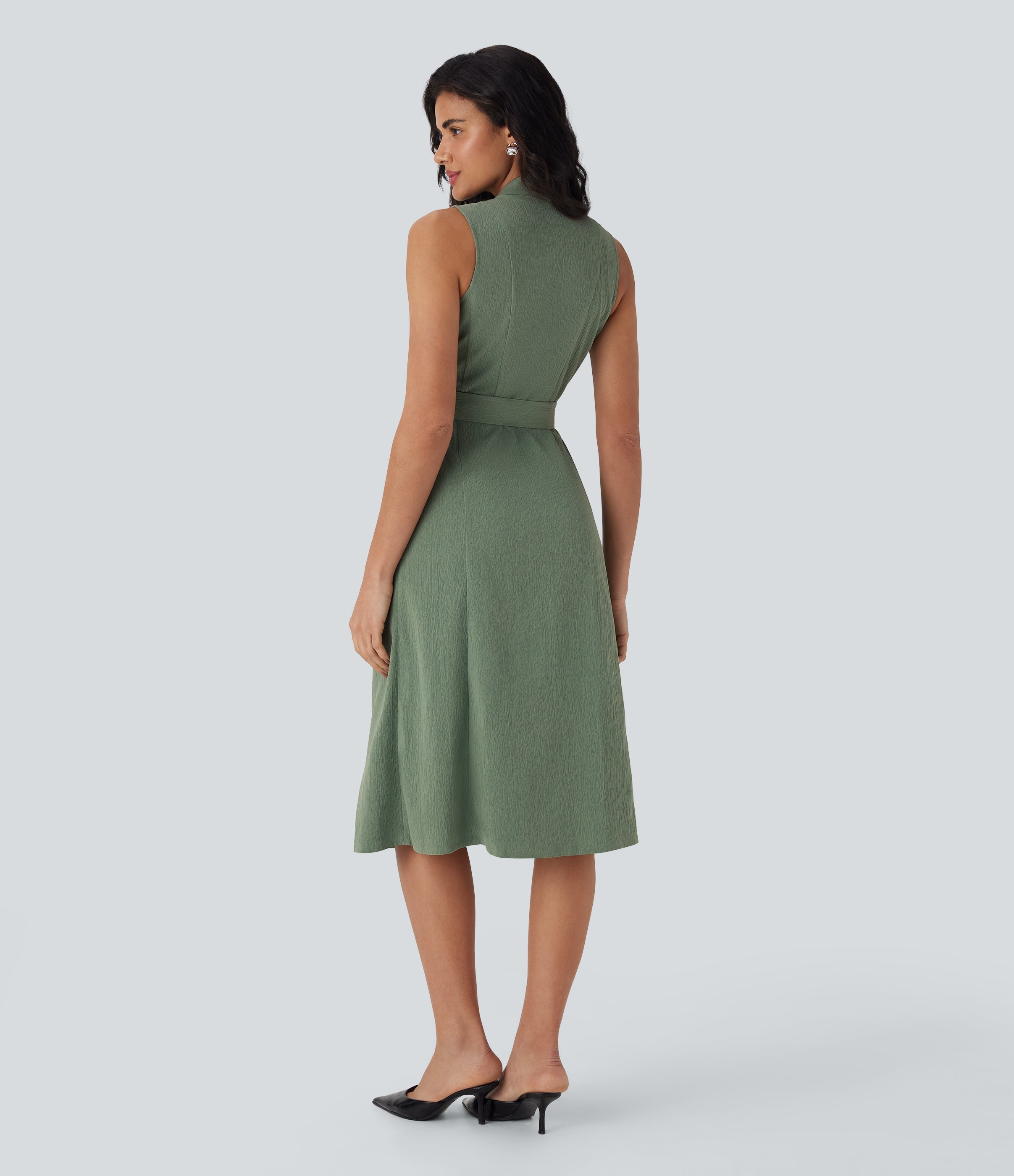 Anti-wrinkle V Neck Sleeveless Wrapped Belted Midi Travel Dress with Pockets