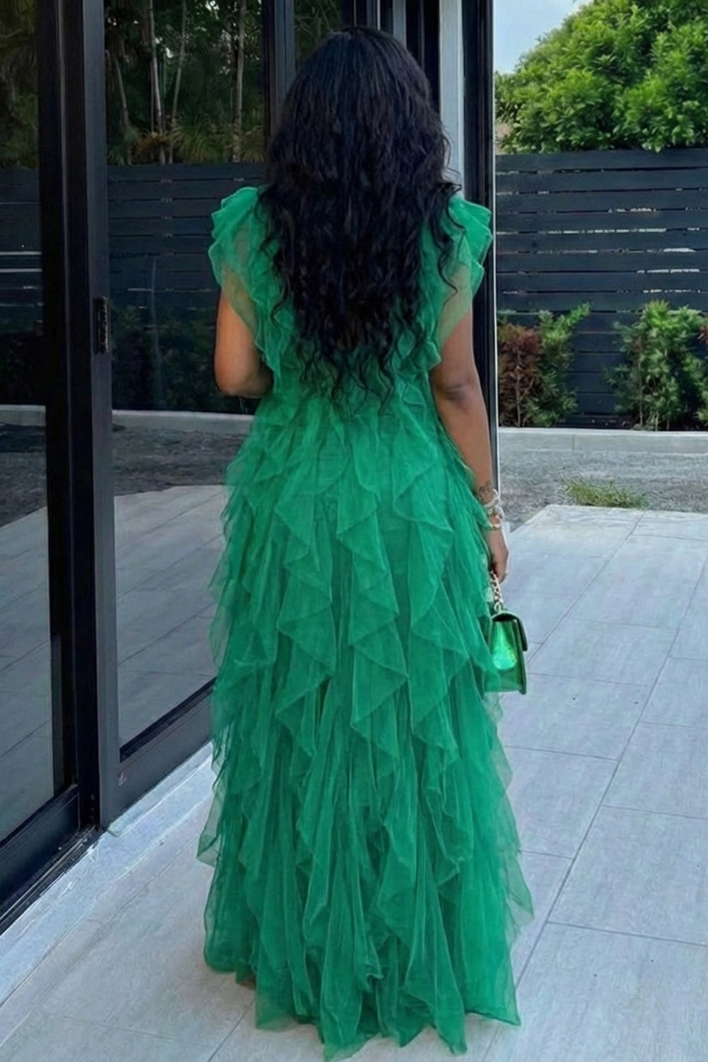 Deep V Neck Sleeveless Mesh Layered Ruffles Maxi Dresses-Green