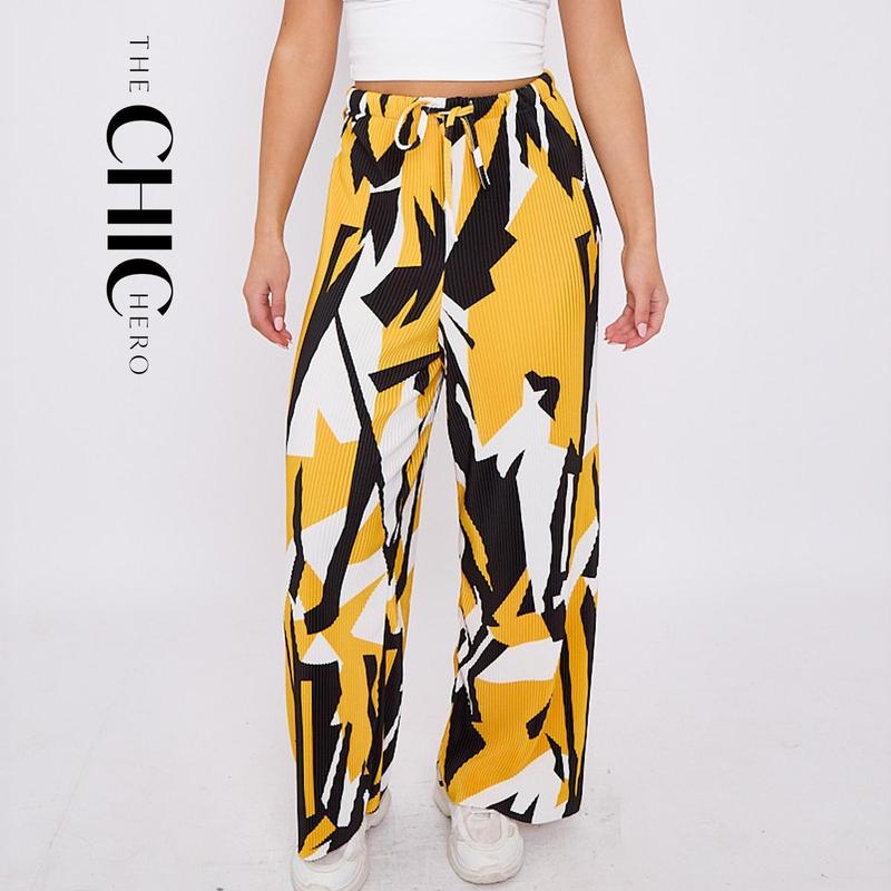 ChicHero Abstract Print Wide-Leg Drawstring Pants Palazzo Pleated Pants
