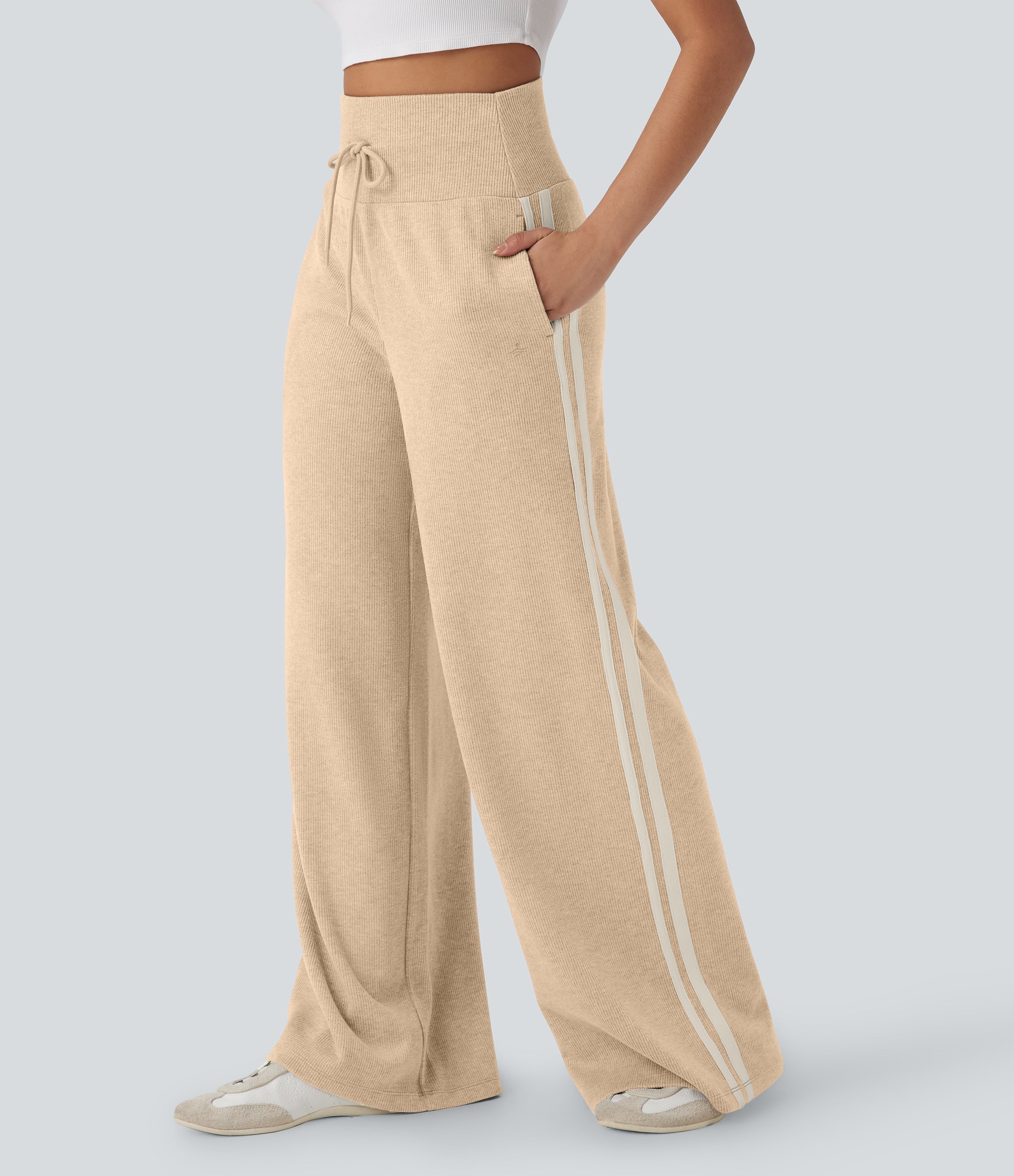 2026🔥 Ribbed SoCinched High Waisted Tummy Control Drawstring Wide Leg Color Block Casual Trousers with Pockets