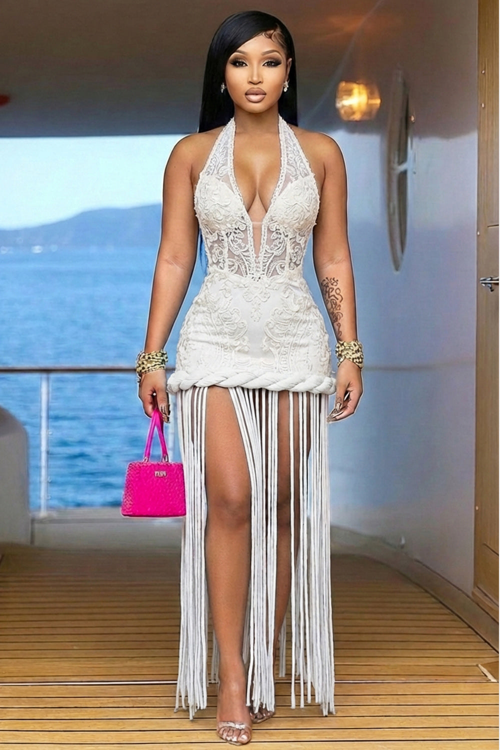 Halter Deep V Neck Guipure Lace Ruched Fringe Maxi Dresses-White