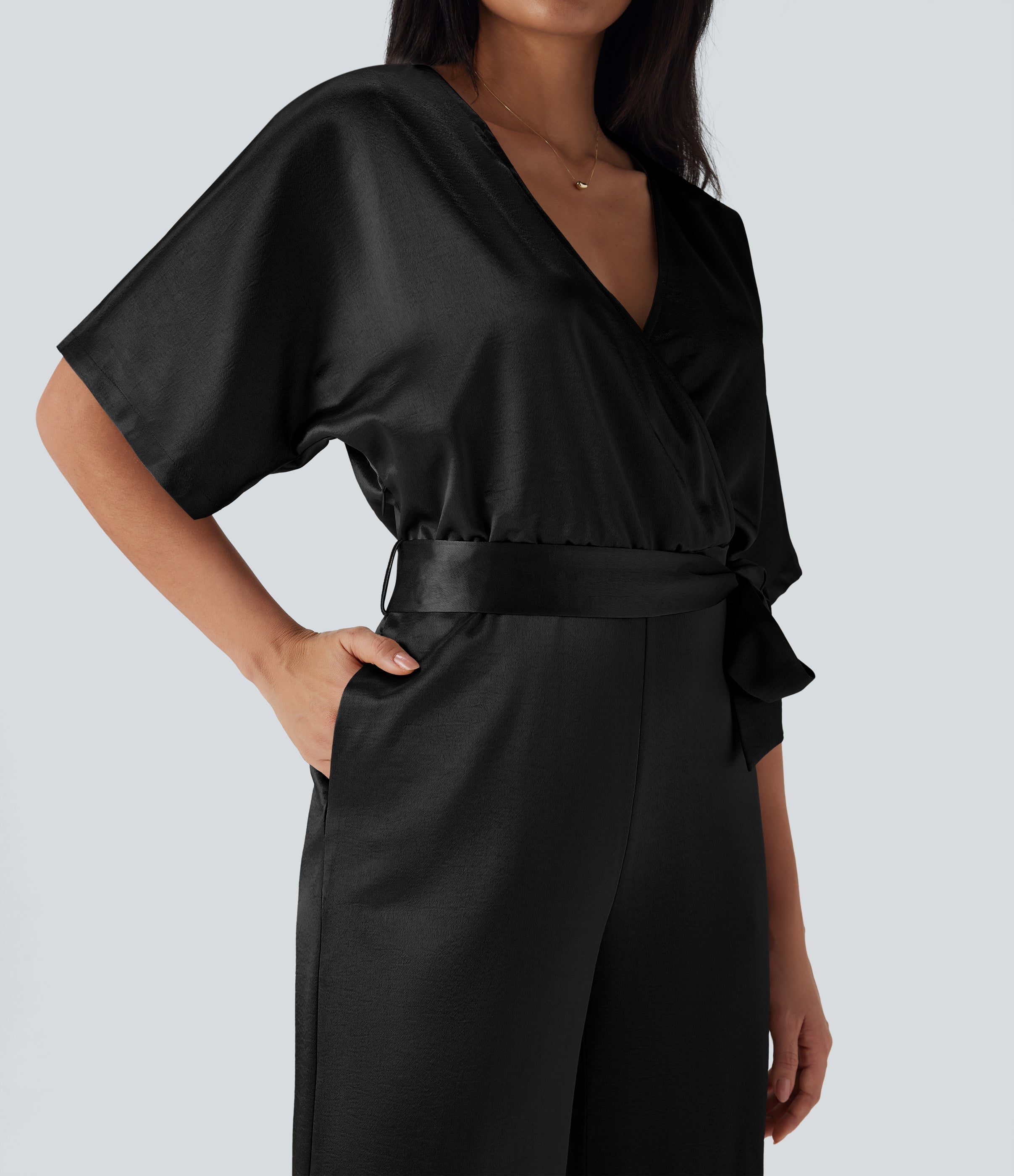 Crossover V Neck Belted Wide Leg Satin-like Work Jumpsuit with Pockets