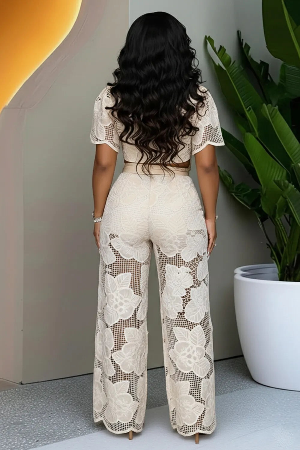 Turndown Collar Crop Top Wide Leg Pants Casual 2pcs Set-Beige