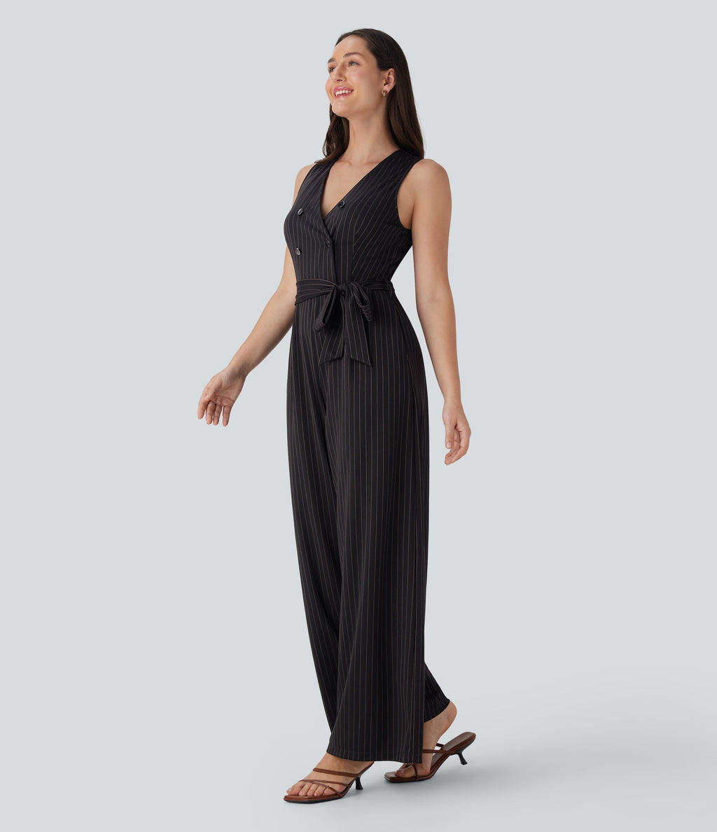 V Neck Sleeveless Belted Stripe Cool Touch Work Jumpsuit with Pockets-Easy Peezy