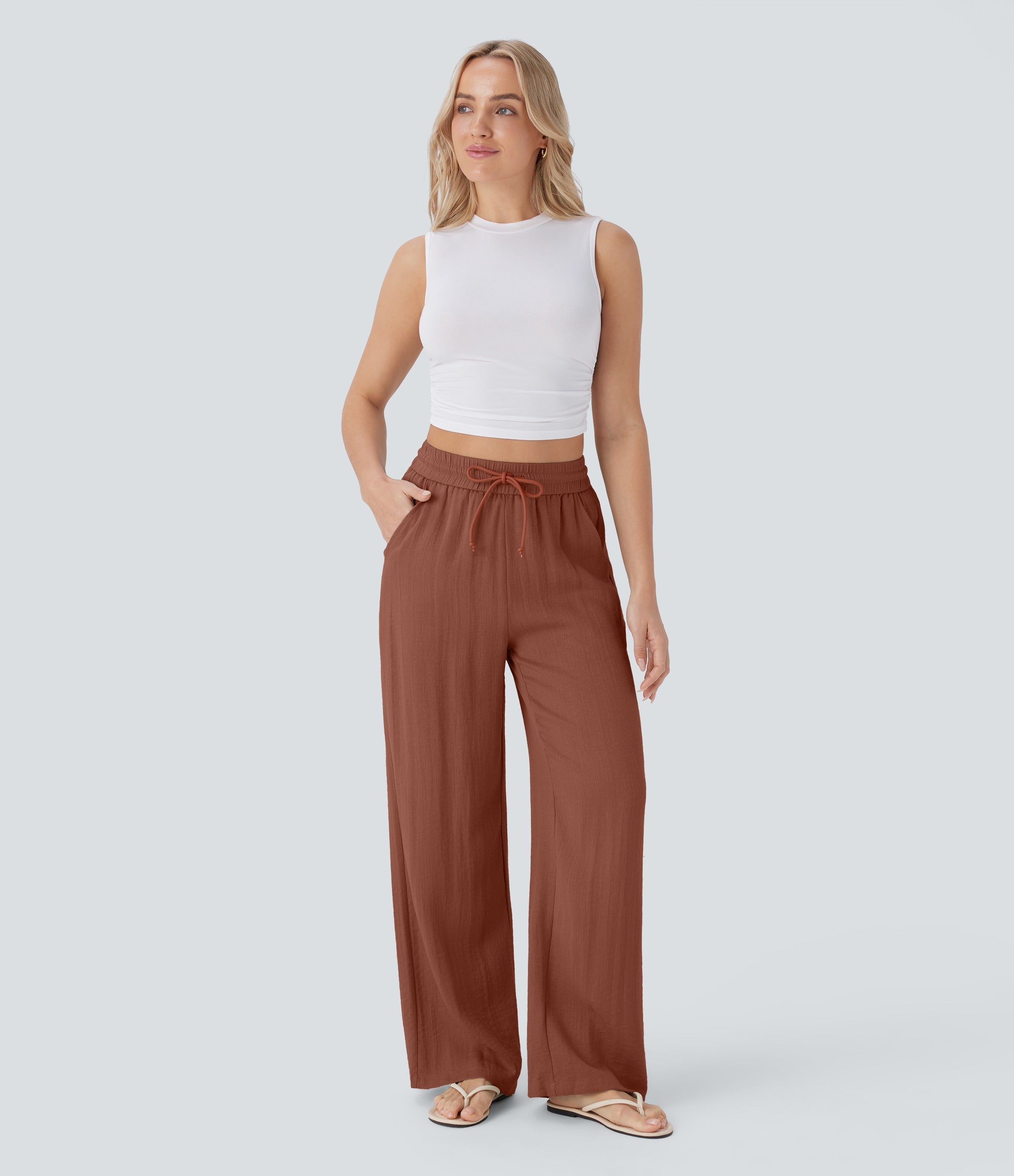 2026🔥 High Waisted Drawstring Pocket Wide Leg Casual Linen-Feel Pants