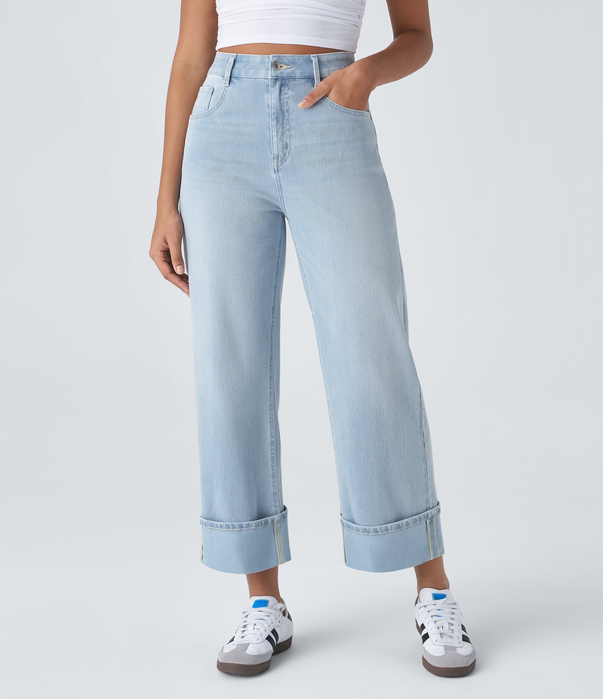 FlexTM High Waisted Multiple Pockets Rolled Hem Wide Leg Washed Stretchy Knit Casual Jeans