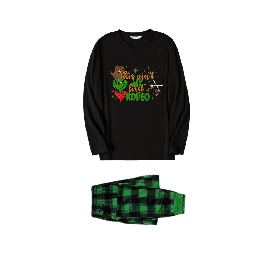 Christmas Family Matching Pajamas-Black Top and Green Plaid Pants Pjs Set with Grinch and "This Ain't My First Rodeo" Print