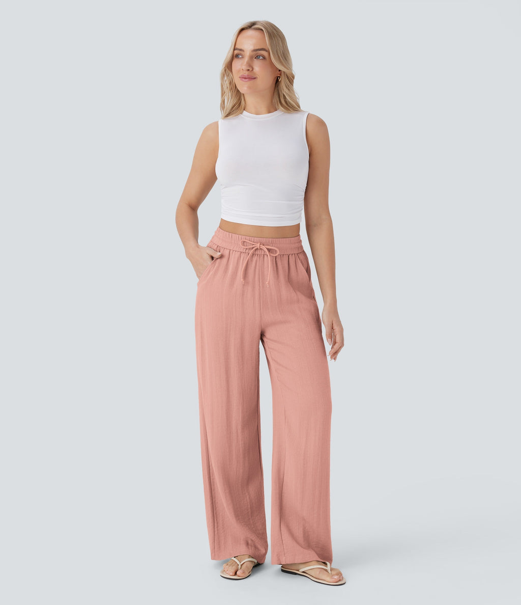 Women Summer High Waisted Drawstring Pocket Wide Leg Casual Linen-Feel Pants