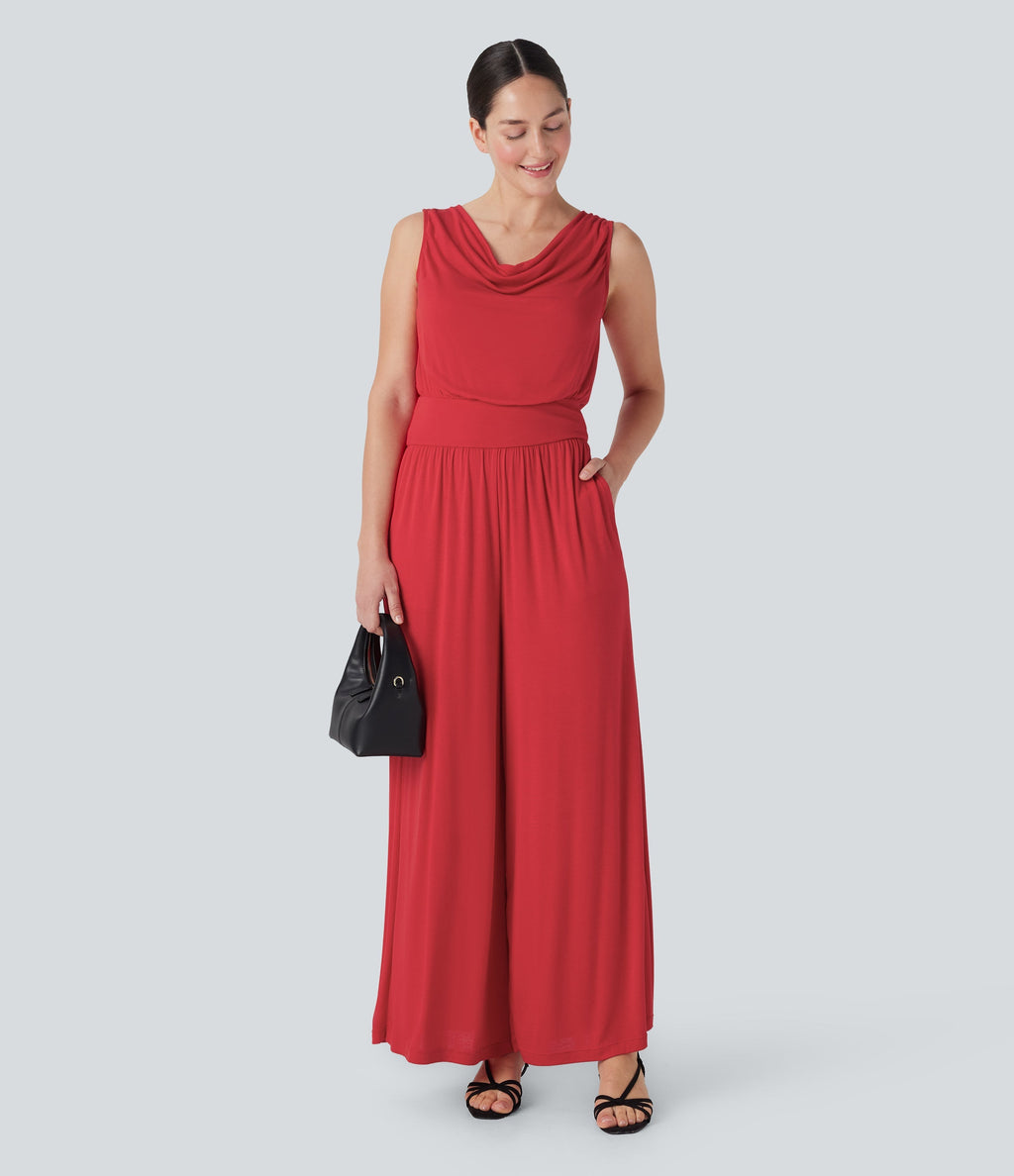 Ribbed Cowl Neck Sleeveless Wide Leg Casual Jumpsuit with Pockets