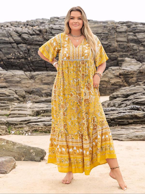 Plus Size Patchwork Floral Print Tie Neck Contrast Lace Ruffle Hem Long Dress, Summer Sundress 2024, Boho Butterfly Sleeve Smock Dress