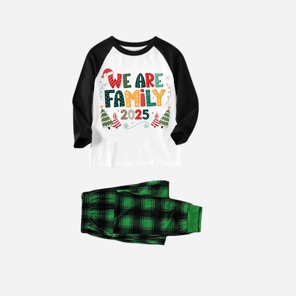 Black Raglan Top Green Plaid Christmas Pajamas Set With "We are Family" Colorful Text Print