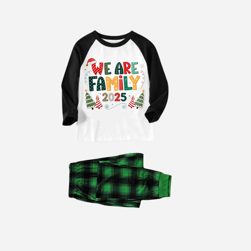 Black Raglan Top Green Plaid Christmas Pajamas Set With "We are Family" Colorful Text Print