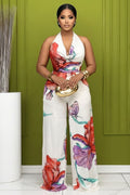 Halter Cowl Neck Floral Print Wide Leg Casual Jumpsuit-White