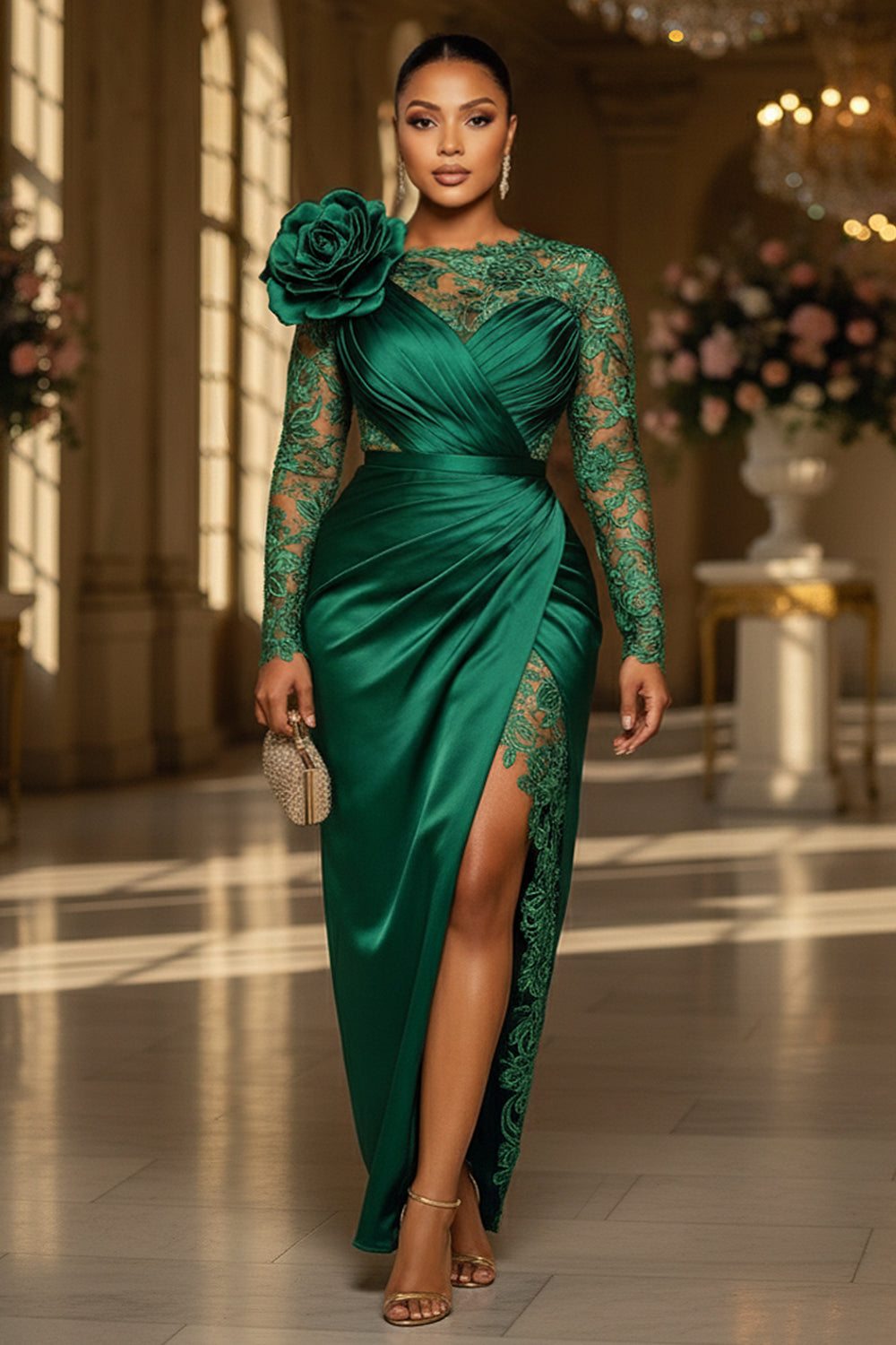 Rosette Lace Patchwork Pleated Slit Party Maxi Dresses-Green