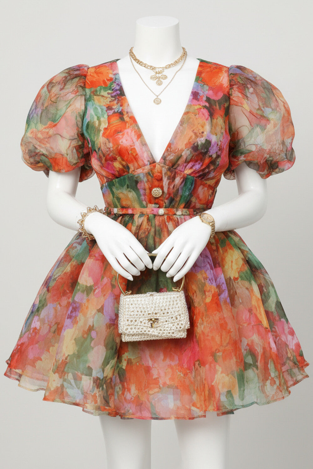 Deep V Neck Puff Sleeve Floral A-Line Mini Dresses-Multicolor