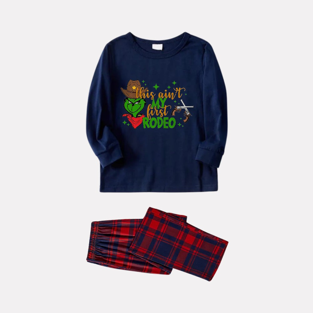 Christmas Family Matching Pajamas-Navy & Red Plaid Pjs Set with "This Ain't My First Rodeo" and Grinch Cartoon Print