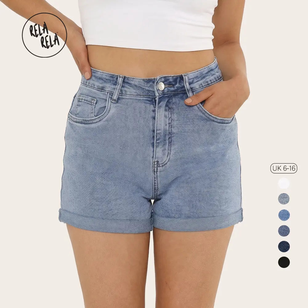 Women's Stretchy High Waisted Turn Up Denim Shorts UK 6-16 Womens Everyday Casual Fit Denim Bottoms
