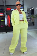 Pockets Crop Jacket Solid Color Straight Leg Pants 2pcs Set-Yellow