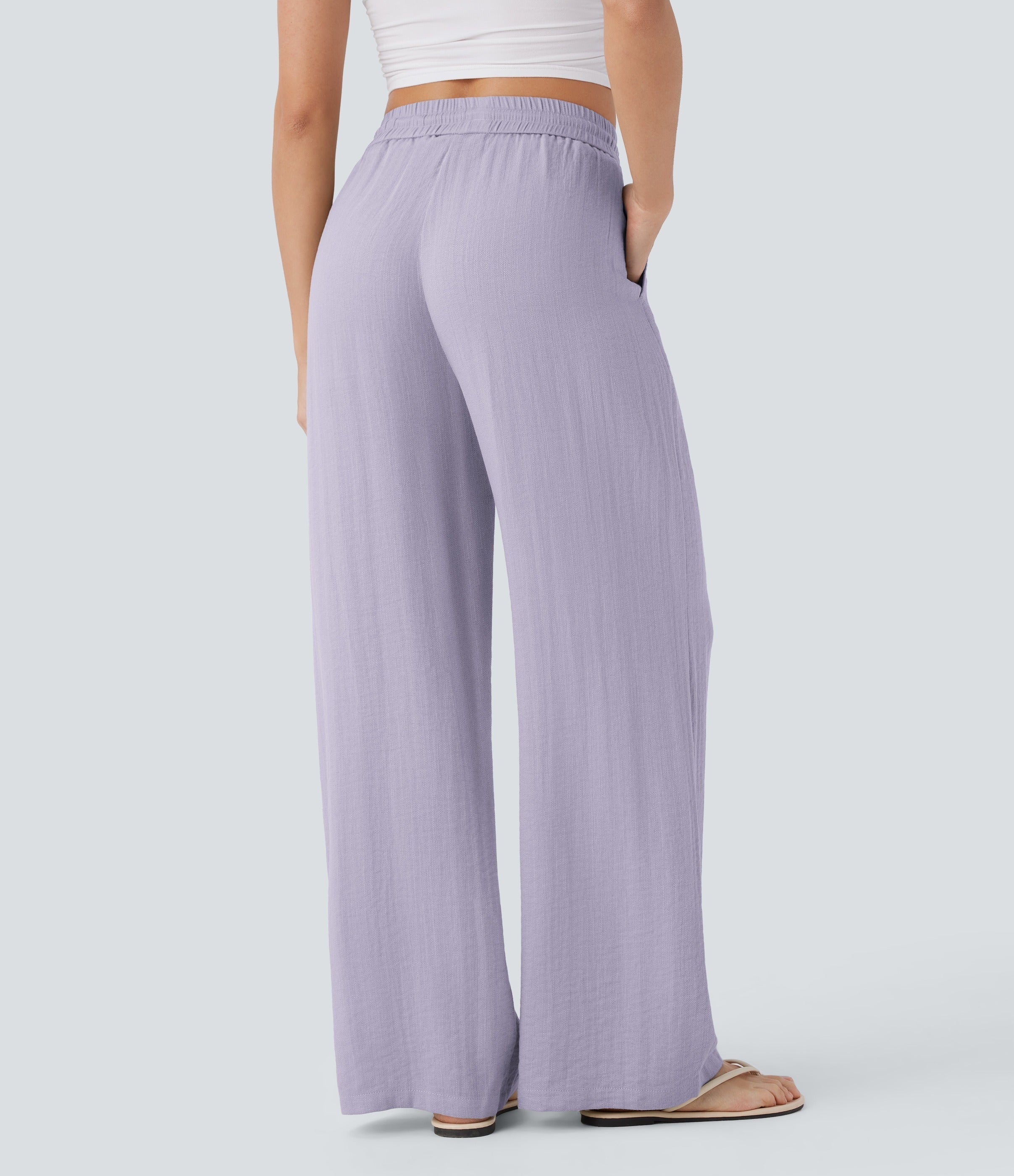 Women Summer High Waisted Drawstring Pocket Wide Leg Casual Linen-Feel Pants