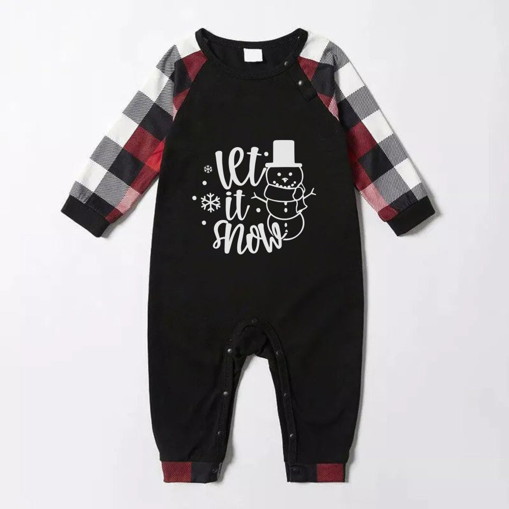 Christmas Family Matching Pajamas-Red and Gray Plaid Pjs set with "Let It Snow" Black & White Text Print