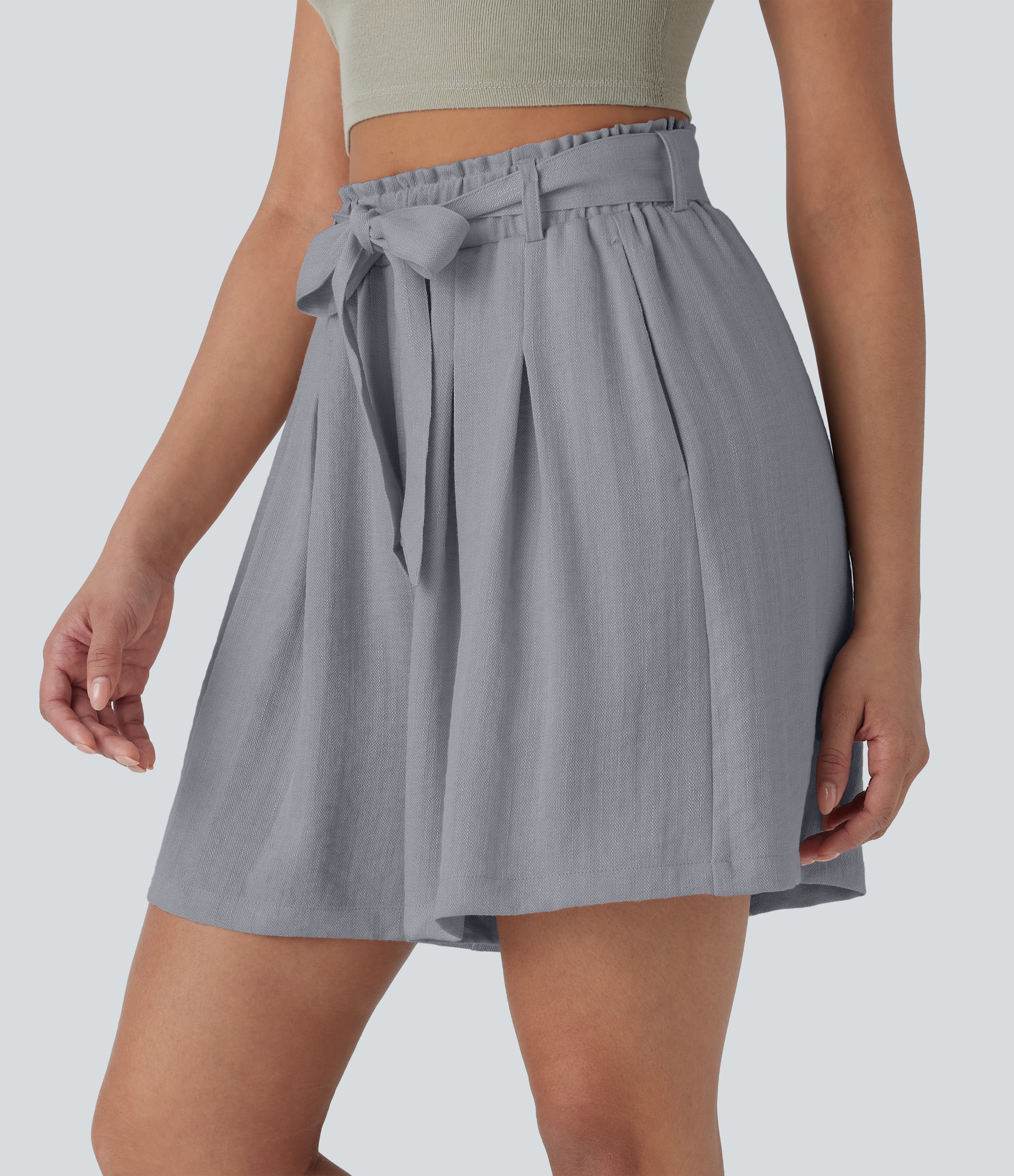 High Waisted Belted Casual Linen-Feel Bermuda Shorts with Pockets