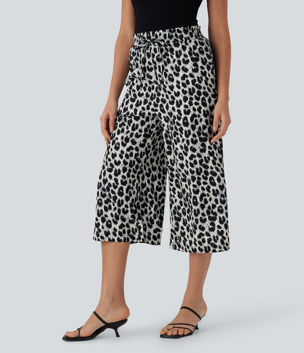 High Waisted Drawstring Leopard Print Wide Leg Capri Casual Pants with Pockets