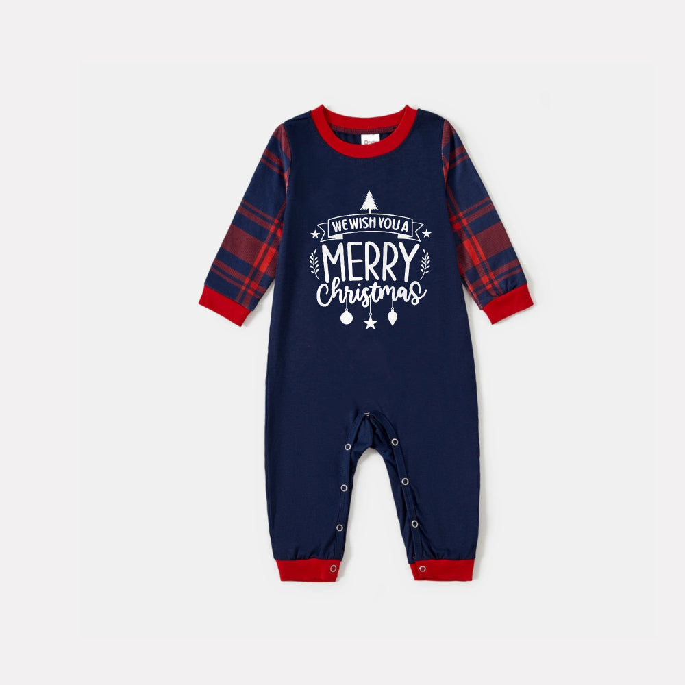 Christmas Family Matching Pajamas-Navy & Red Plaid Pjs Set with "We Wish You A Merry Christmas" Slogan Print