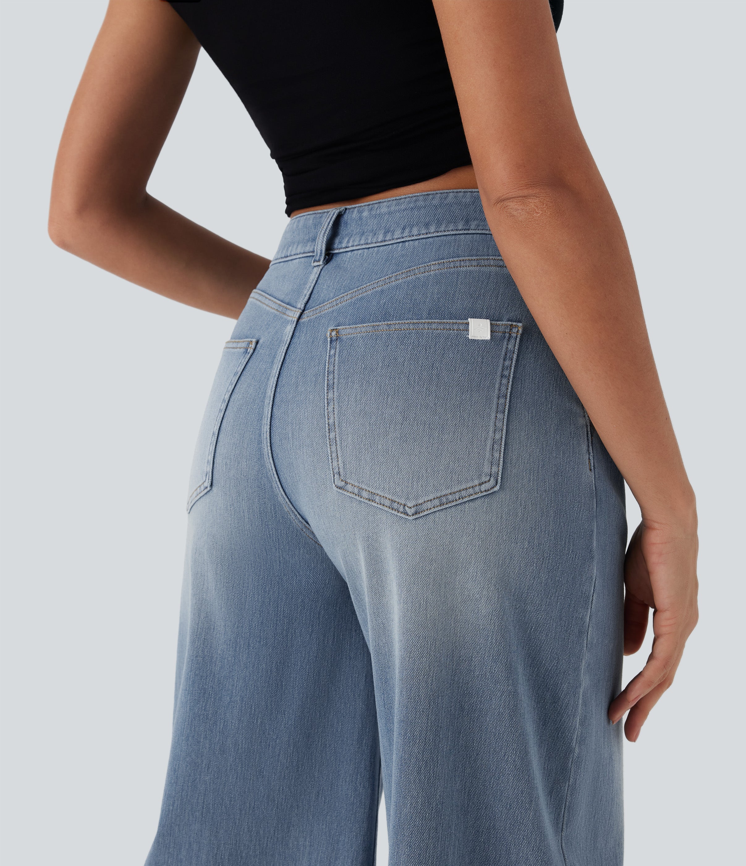 FlexTM Mid Rise Capri Wide Leg Washed Casual Jeans with Pockets
