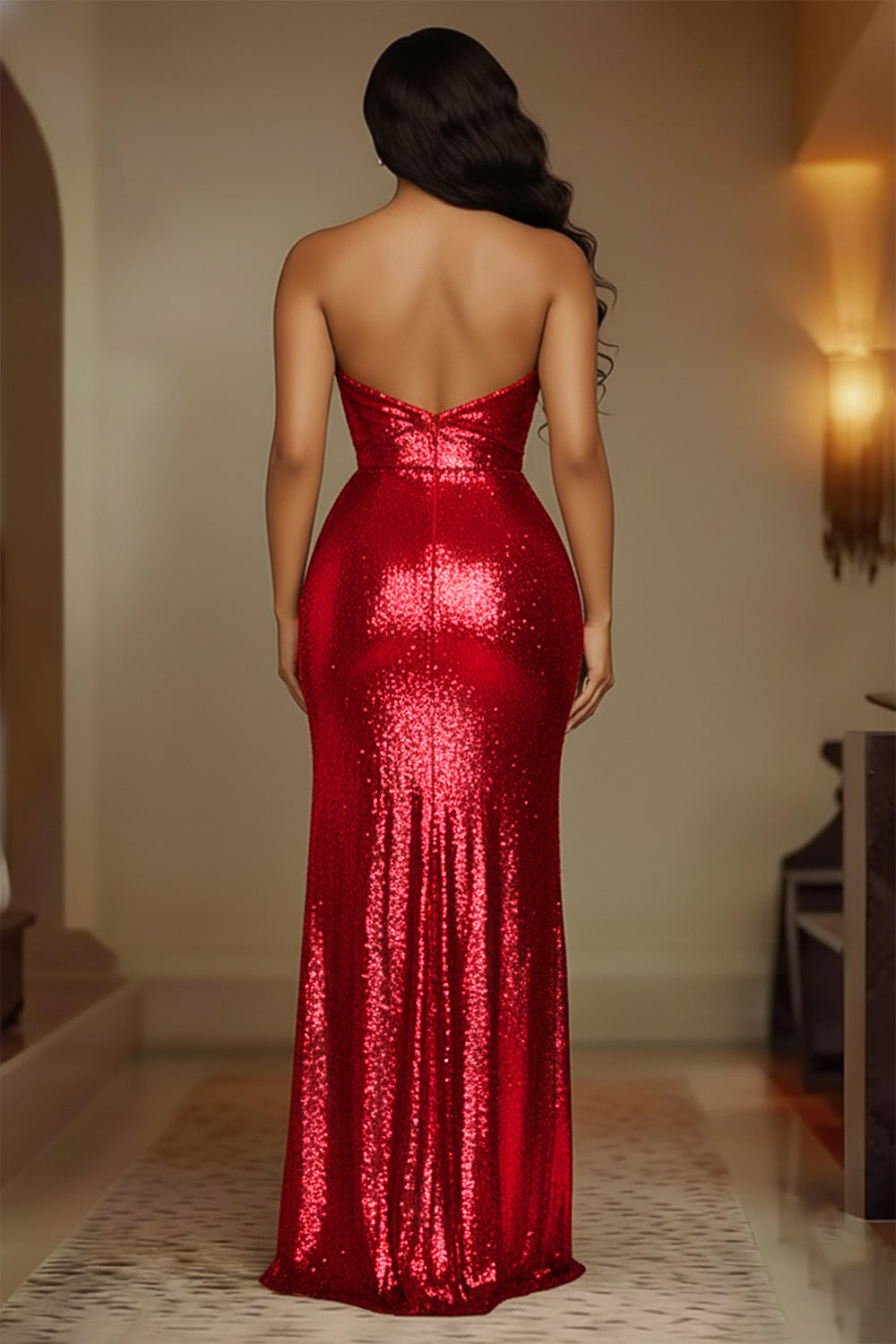 Sequined Strapless Ruched Fitted High Slit Gowns Maxi Dresses-Gold