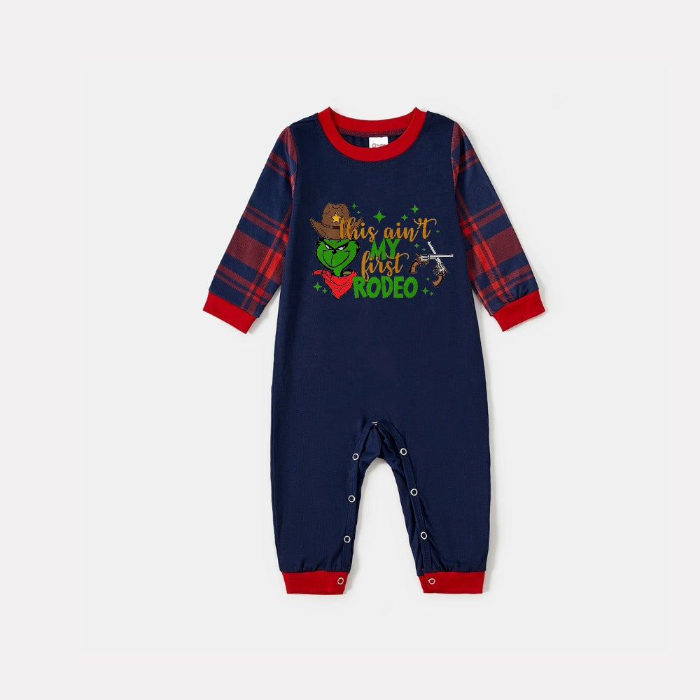 Christmas Family Matching Pajamas-Navy & Red Plaid Pjs Set with "This Ain't My First Rodeo" and Grinch Cartoon Print