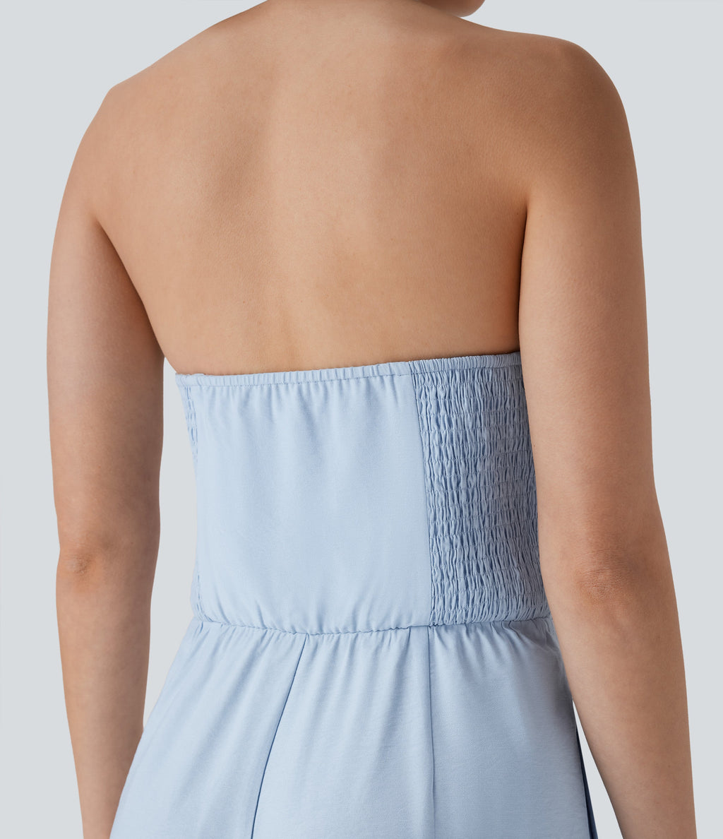 Halter Shirred Wide Leg Work Jumpsuit with Pockets
