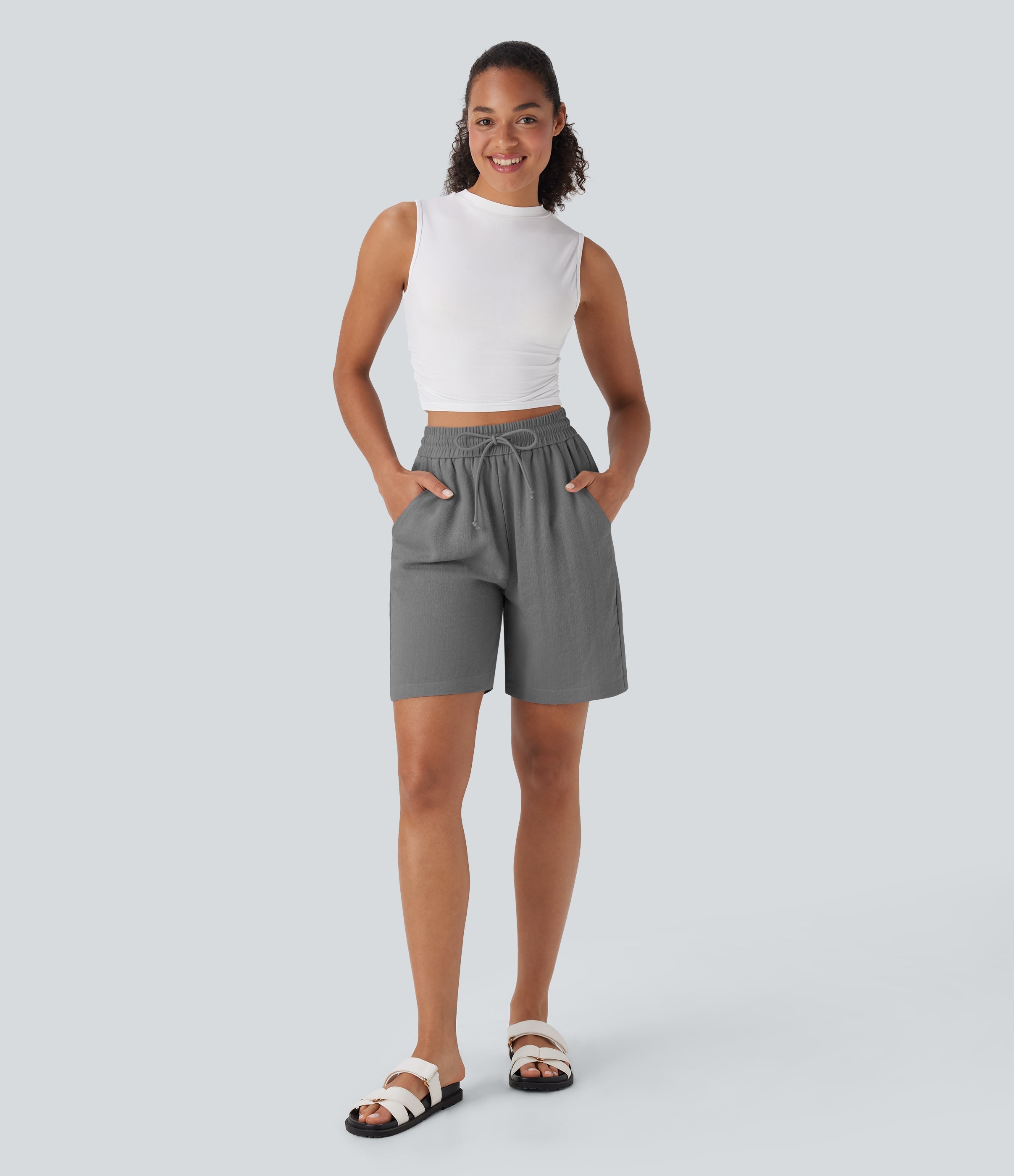 High Waisted Drawstring Casual Linen-Feel Shorts with Pockets
