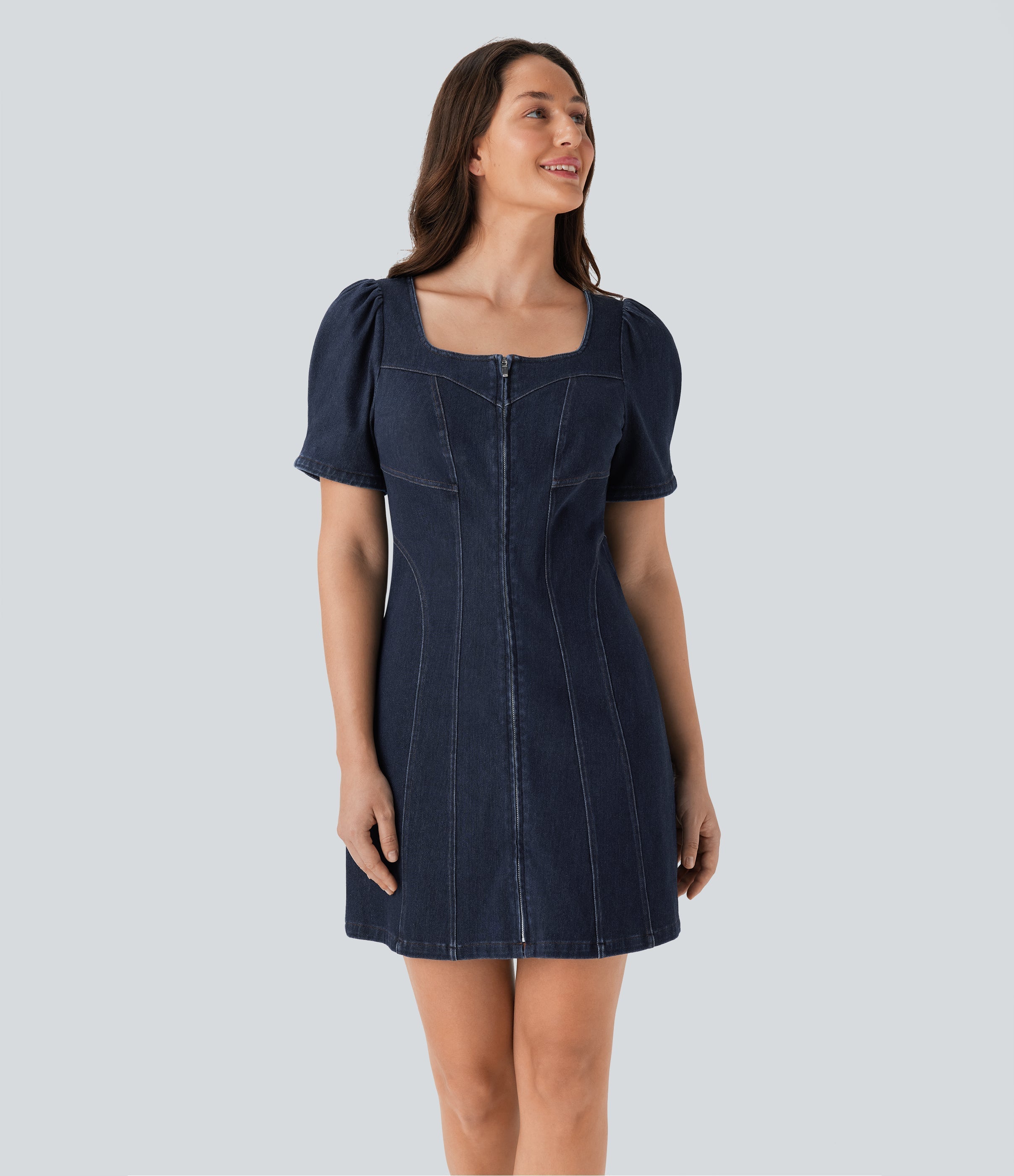FlexTM Square Neck Short Sleeve Zipper Denim Mini Casual Dress