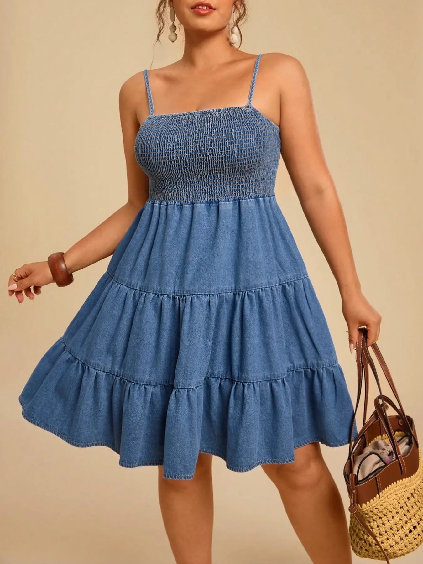 Women's Sweet Boho Style Plus Size Soft Denim Halter Dress, Thin Straps, Square Neck, Summer Floral Print, Fuzzy Denim Skirt