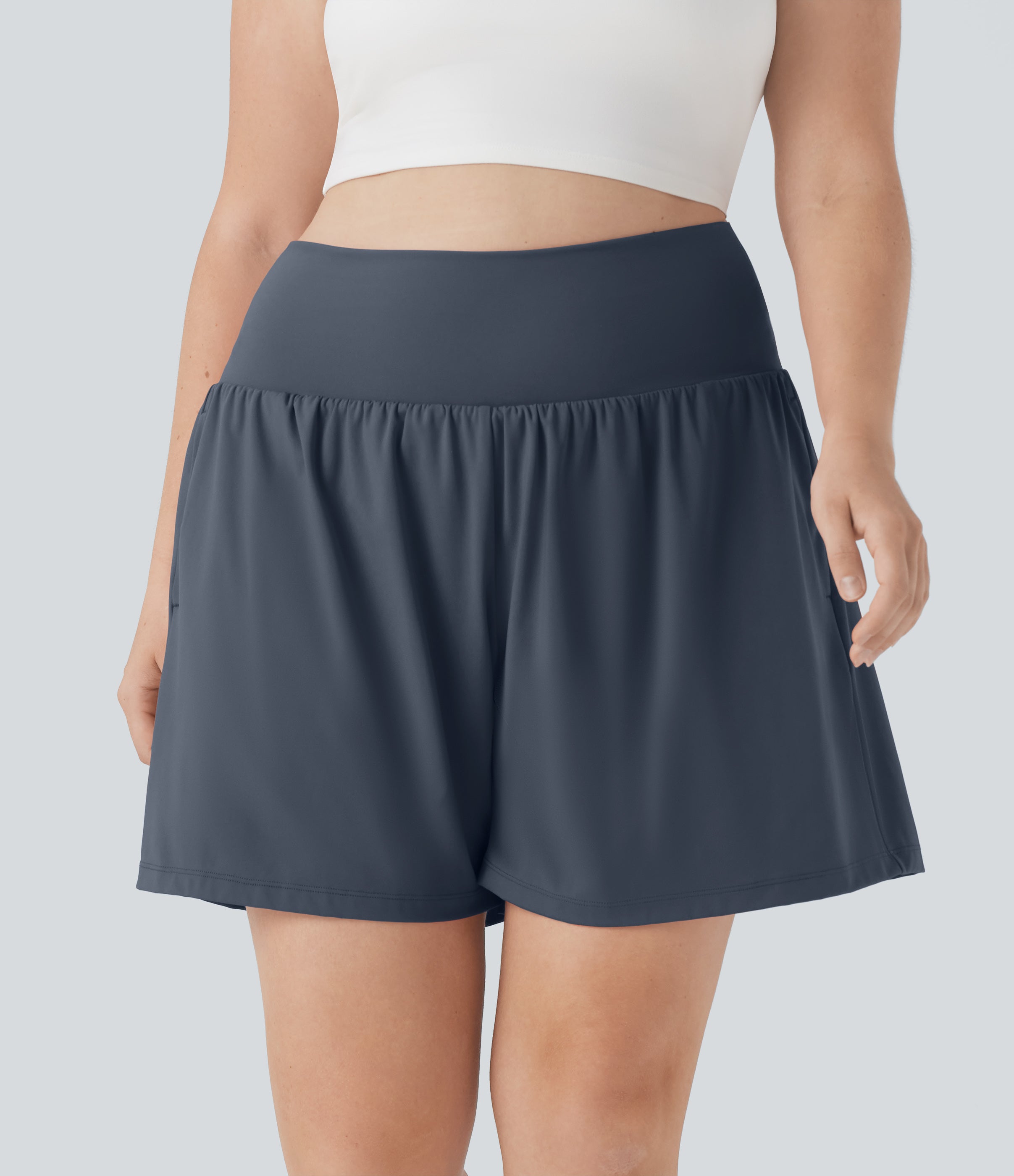 SoftlyZeroTM Airy Super High Waisted 2-in-1 Cool Touch Yoga Plus Size Shorts 7" with Pockets