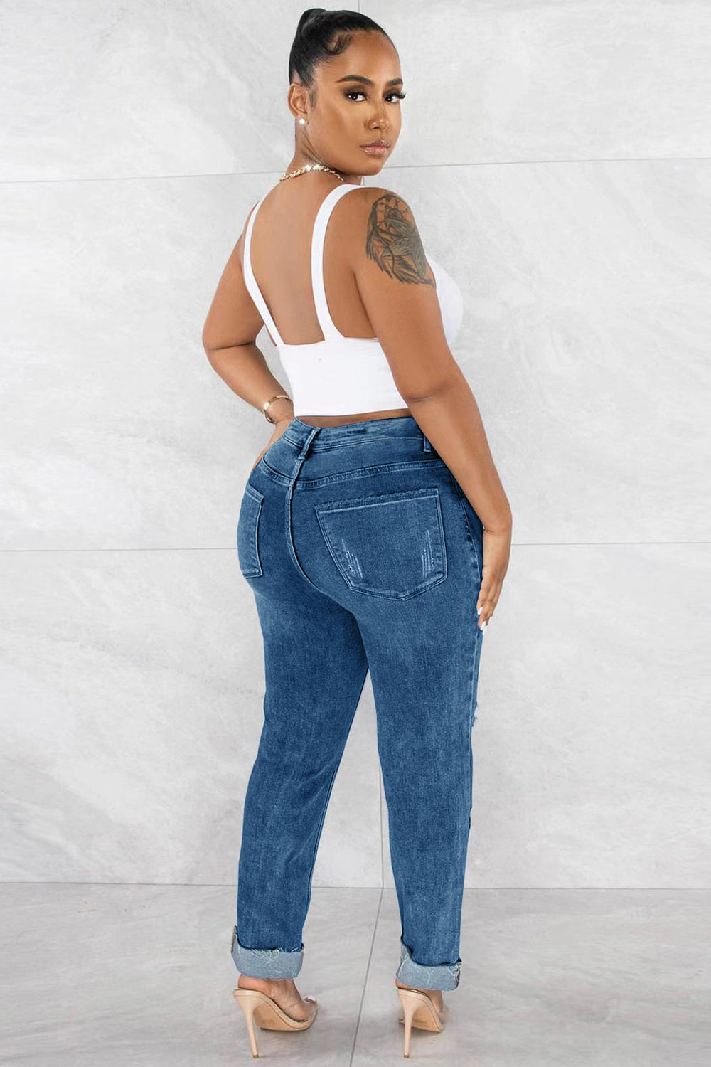 Denim High Waist Ripped Slim Fit Tapered Casual Cuffed Jeans-LightBlue