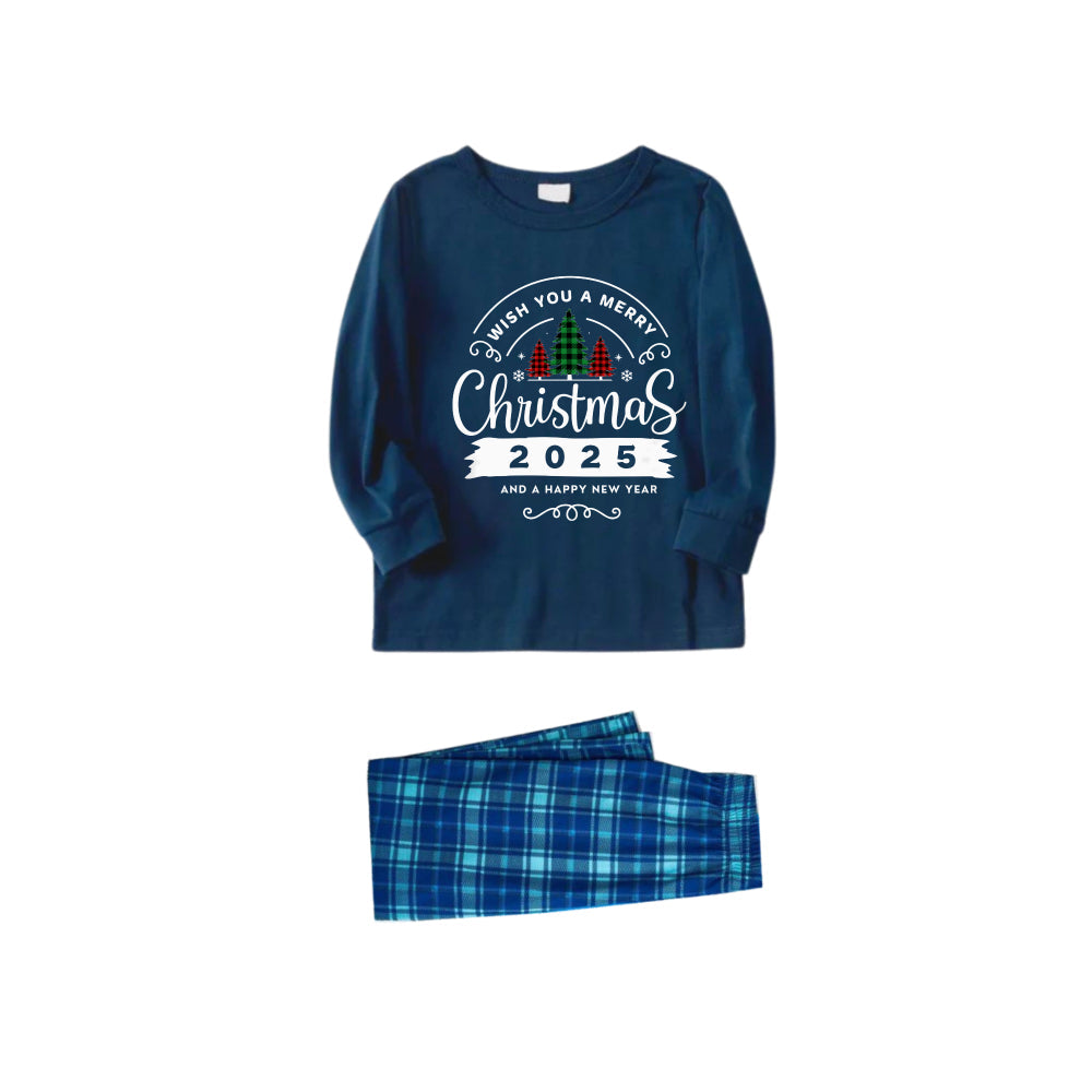 Christmas Family Matching Pajamas-Navy & Sky Blue Plaid Pjs Set with "Wish You A Merry Christmas 2025" Print