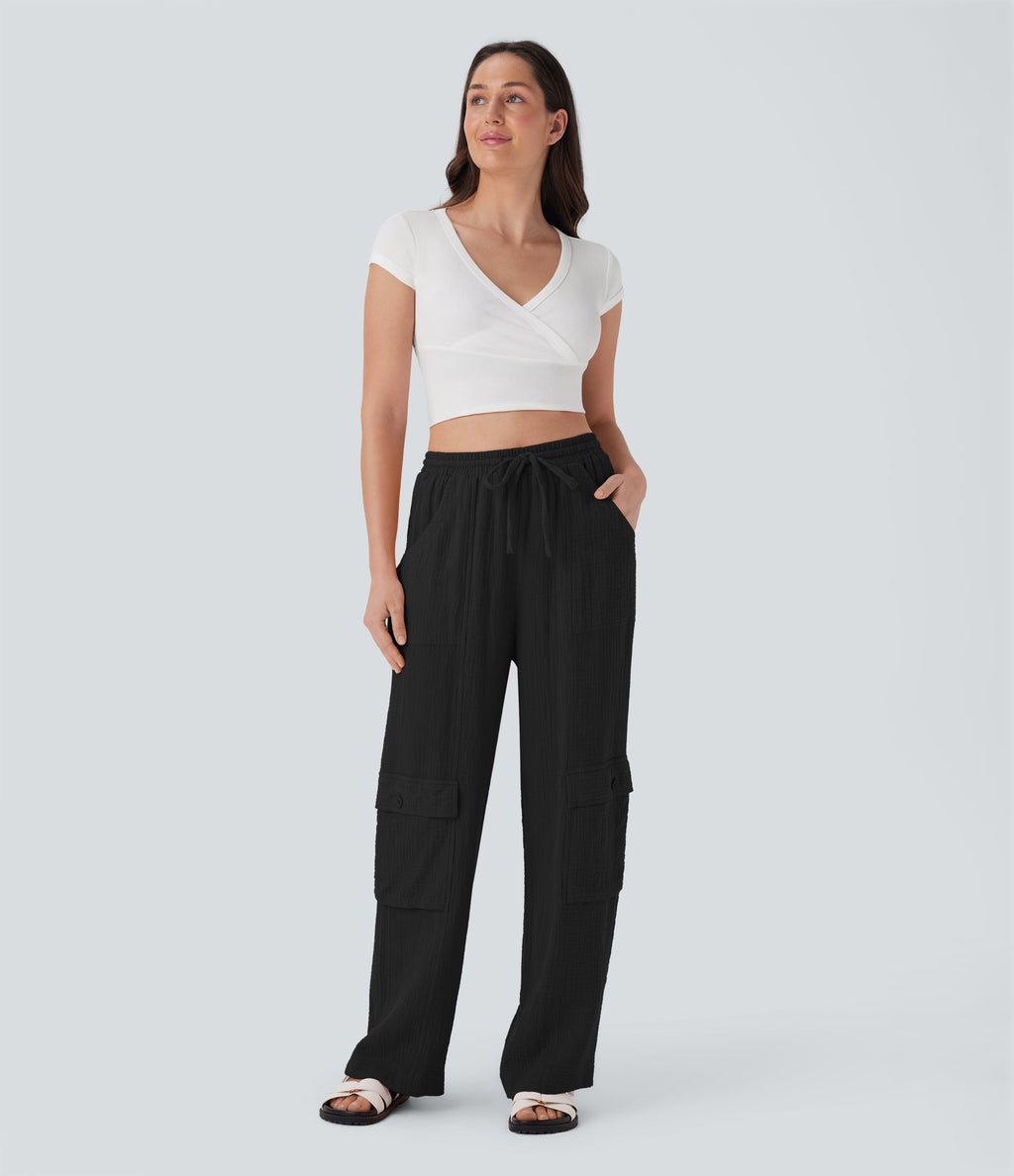 High Waisted Drawstring Wide Leg Cargo Casual Cotton Pants with Pockets
