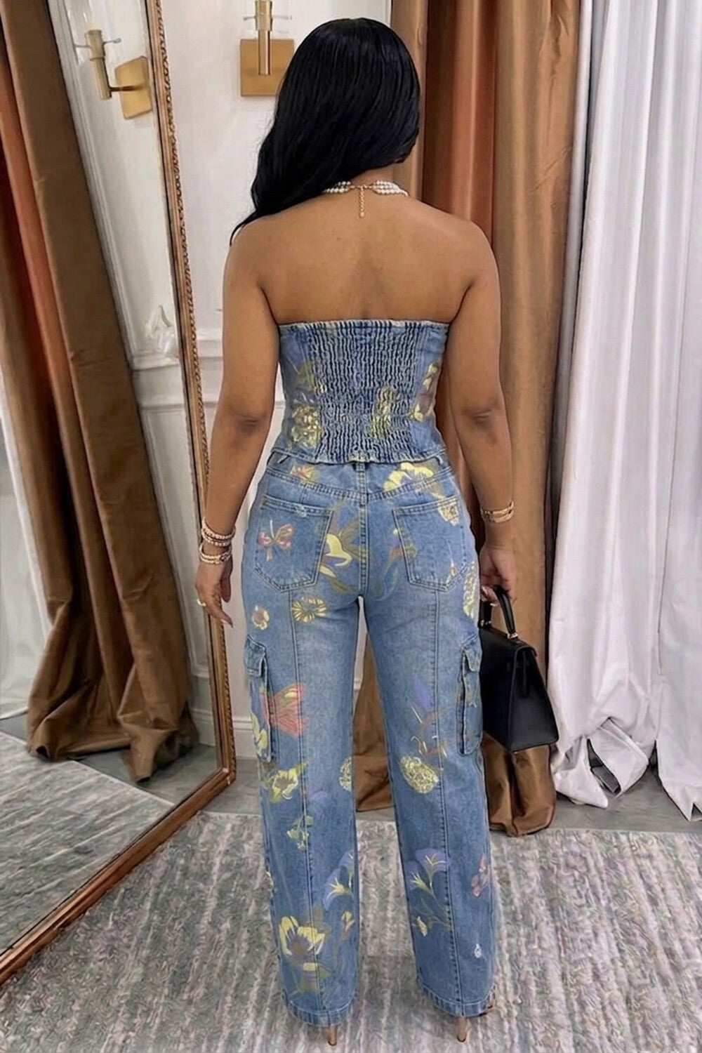 Floral Strapless Top Cargo Pants Denim Casual 2pcs Set-Blue [Pre Order]