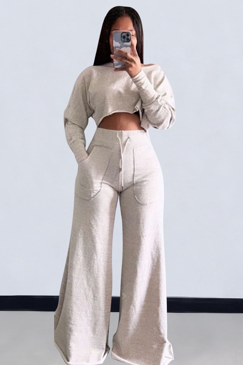 Plain Long Sleeve Crop Sweatshirt Pocket Wide Leg Pants Matching Set-Gray