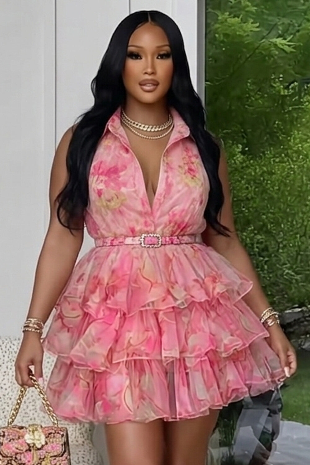 Turndown Collar Sleeveless Ruffle Vacation Mini Dresses-Pink