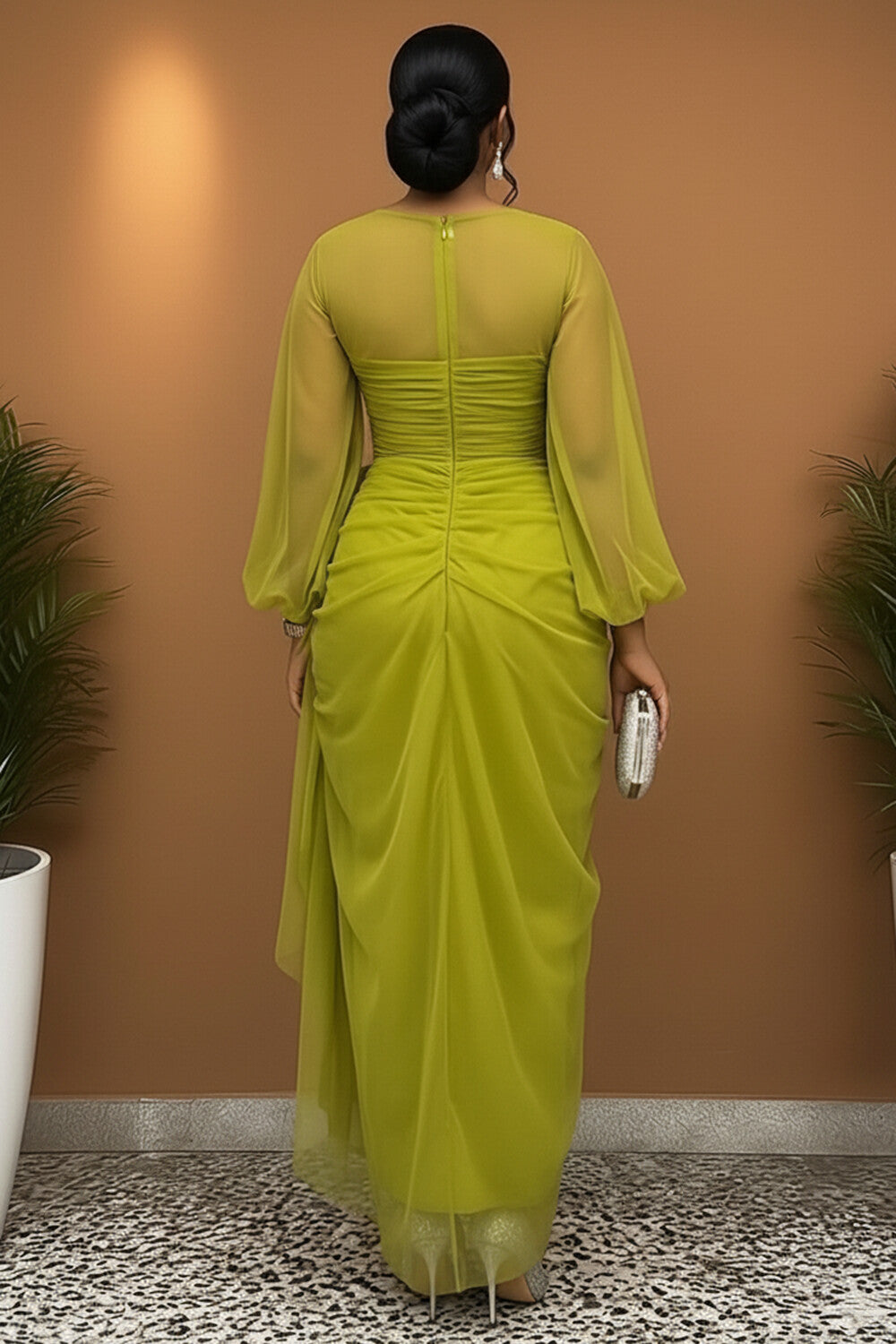 Deep V Neck Long Sleeve Ruched Mesh Gowns Maxi Dresses-Green