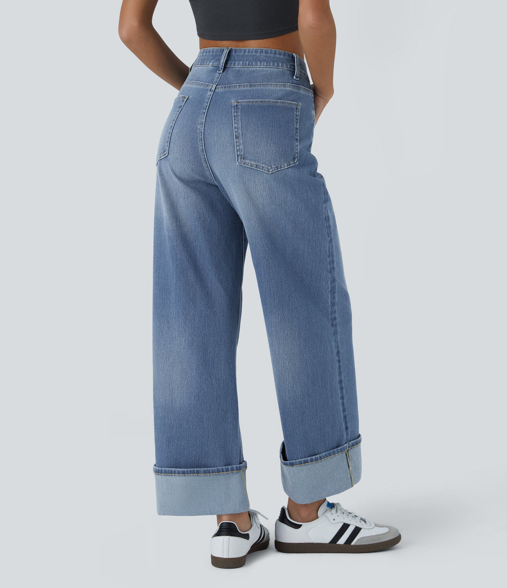 FlexTM High Waisted Multiple Pockets Rolled Hem Wide Leg Washed Stretchy Knit Casual Jeans