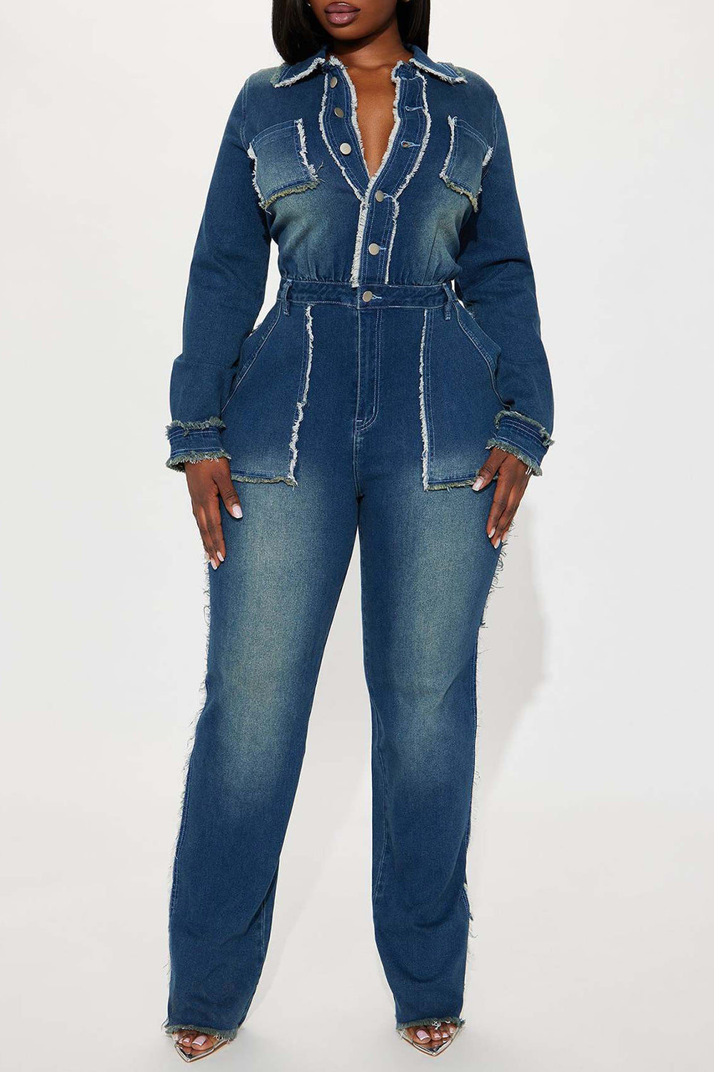 Turndown Collar Raw Trim Long Sleeve Multi-Pocket Denim Jumpsuit-Blue