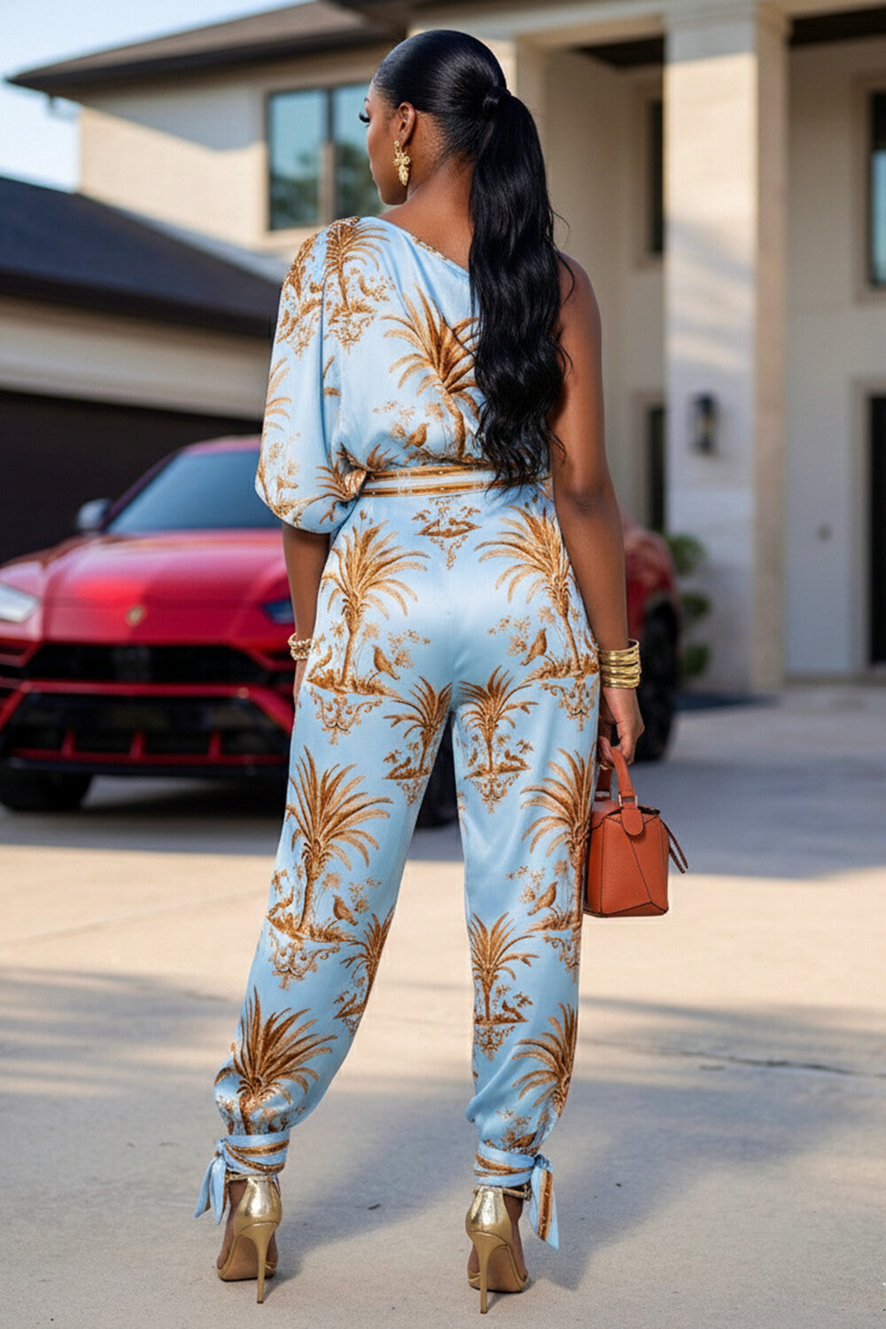Floral One Shoulder Sleeveless Top Cuffed Pants 2pcs Set-Blue