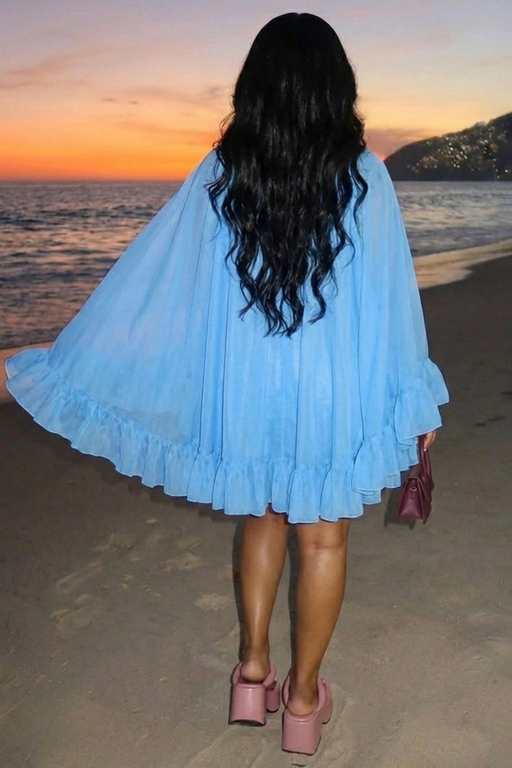 V Neck Cape Sleeve Ruffle Loose Fit Vacation Mini Dresses-Blue