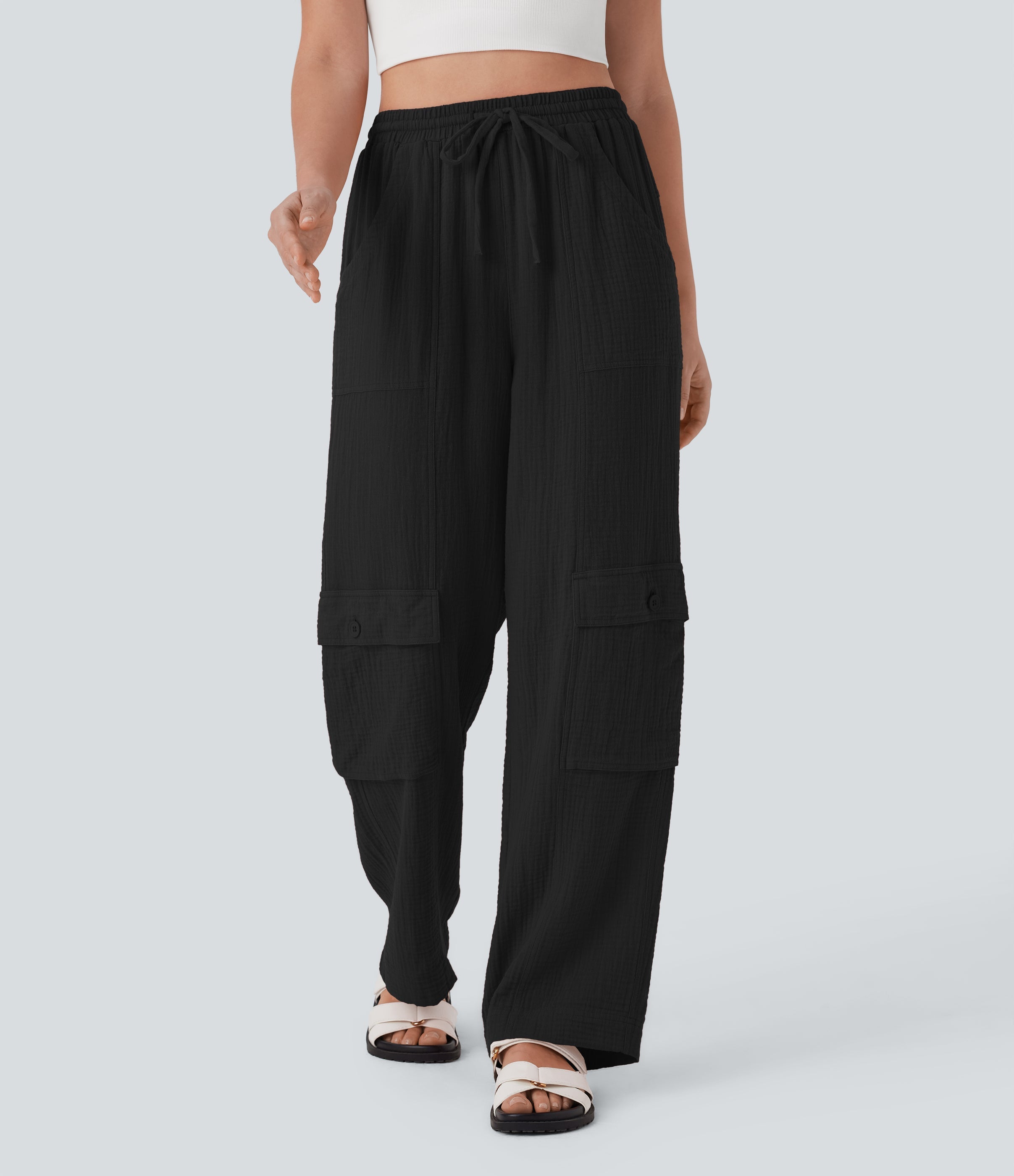 High Waisted Drawstring Wide Leg Cargo Casual Cotton Pants with Pockets