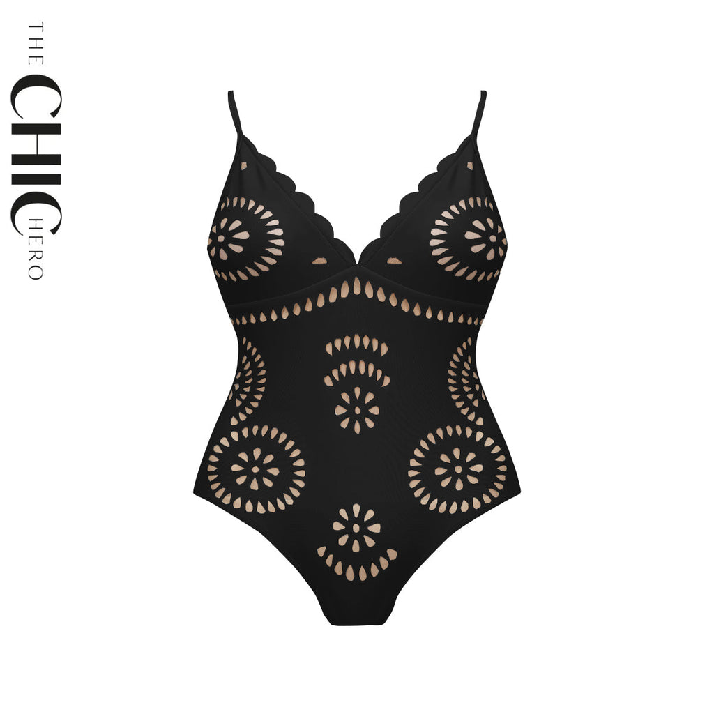 Black Scalloped Hollow Sexy One-Piece Swimsuit&Skirt